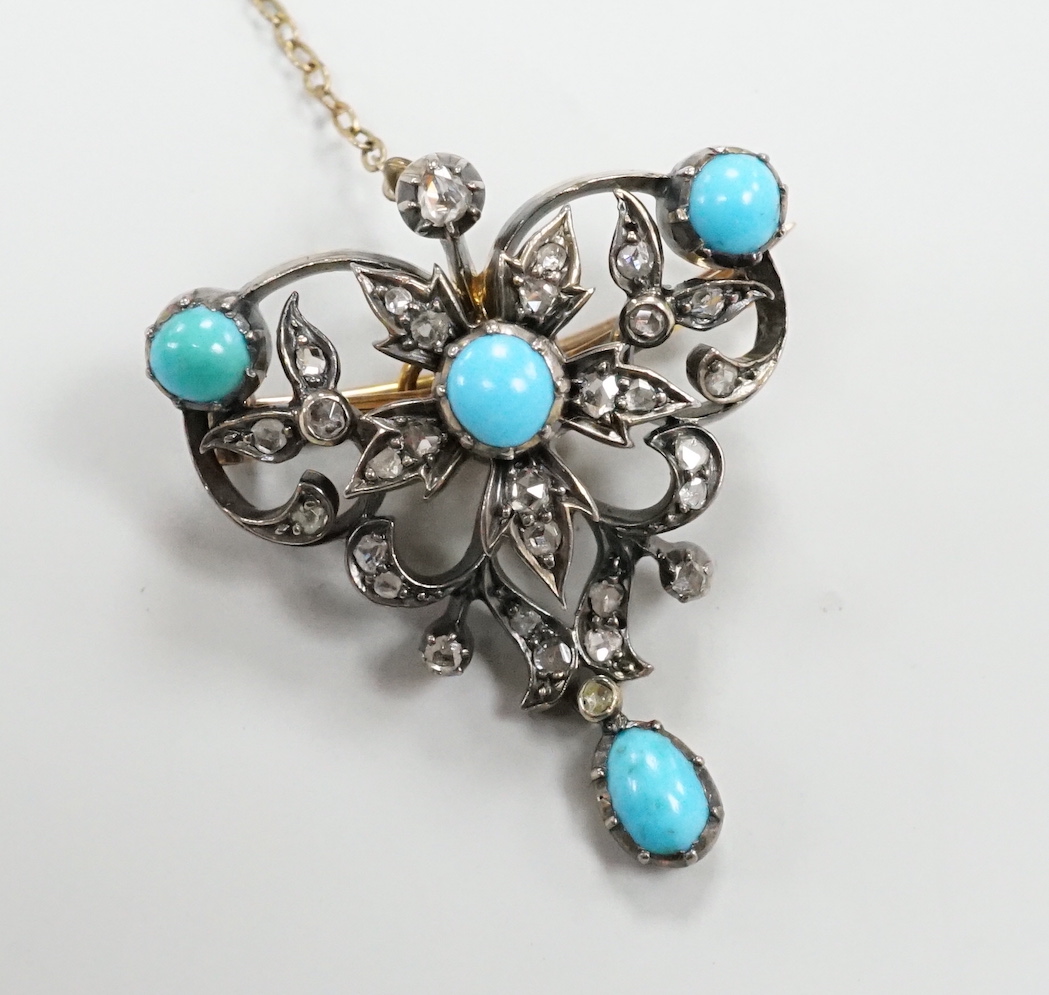 A Victorian yellow and white metal, turquoise and diamond cluster set drop brooch, 30mm, gross weight 8.8 grams.